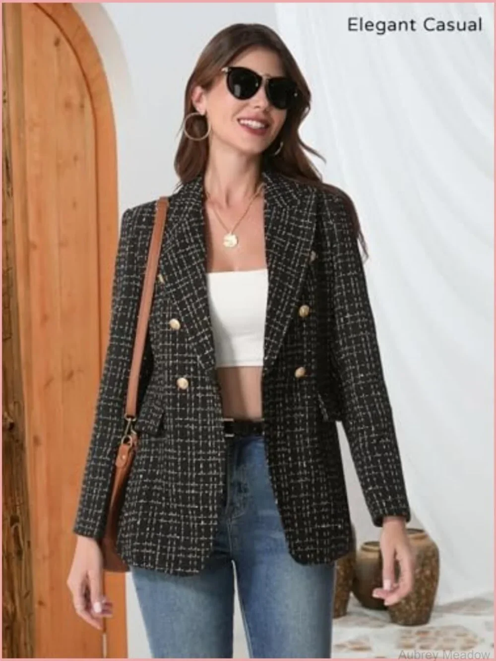 Fully Lined Tweed Plaid Blazer Jacket - Business Casual Work Coat with Pockets